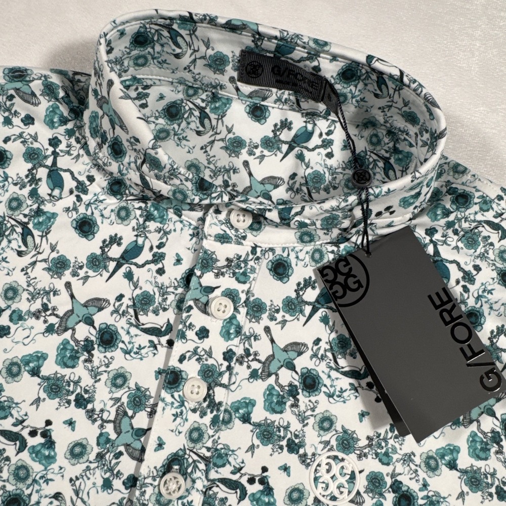 G/FORE Polo Shirt Mens S Teal White Botanic Garden Golf Floral Birds SS NWT $120